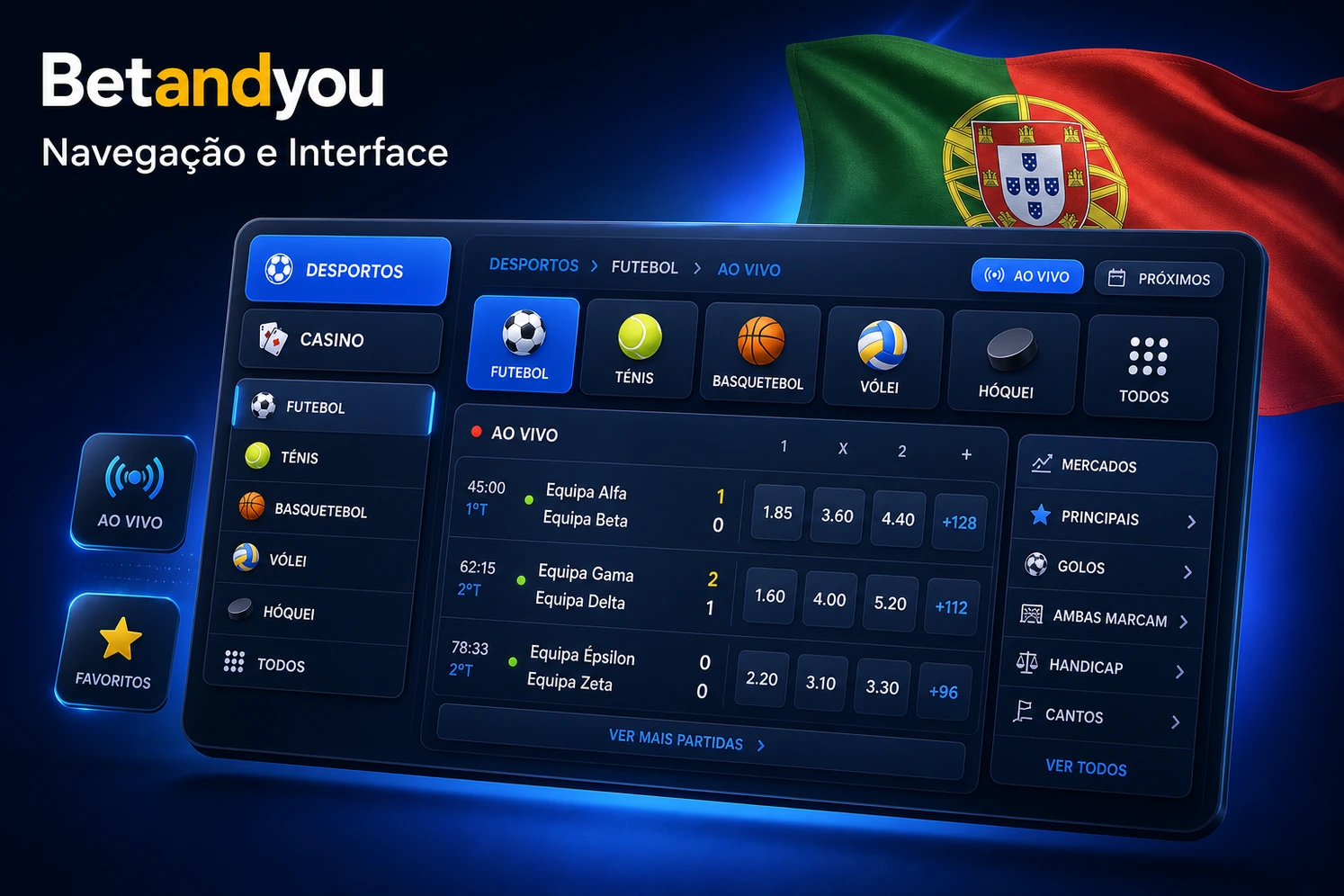 Interface de navegação da BetAndYou com desportos, futebol ao vivo e mercados