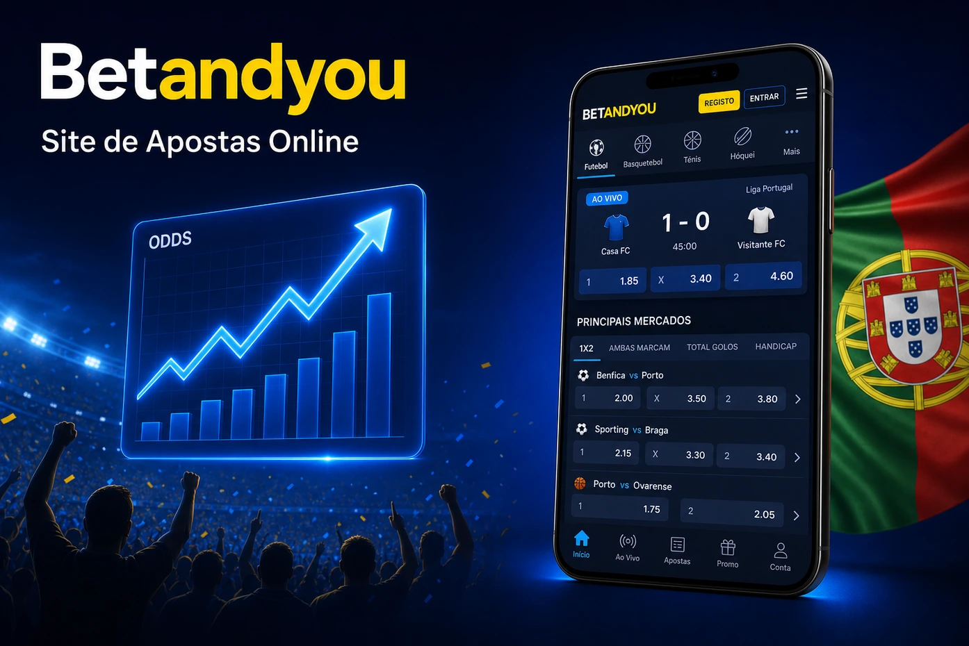 Aplicação da BetAndYou com mercados de futebol ao vivo e gráfico de odds