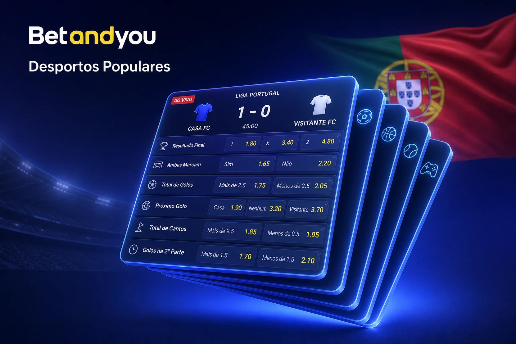 Mercados de futebol da BetAndYou com resultado final, ambas marcam e total de golos