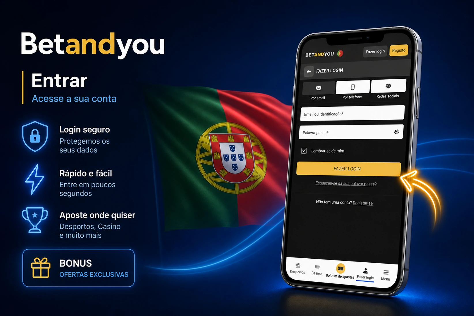 Ecrã de login da BetAndYou com opções por email, telefone e redes sociais