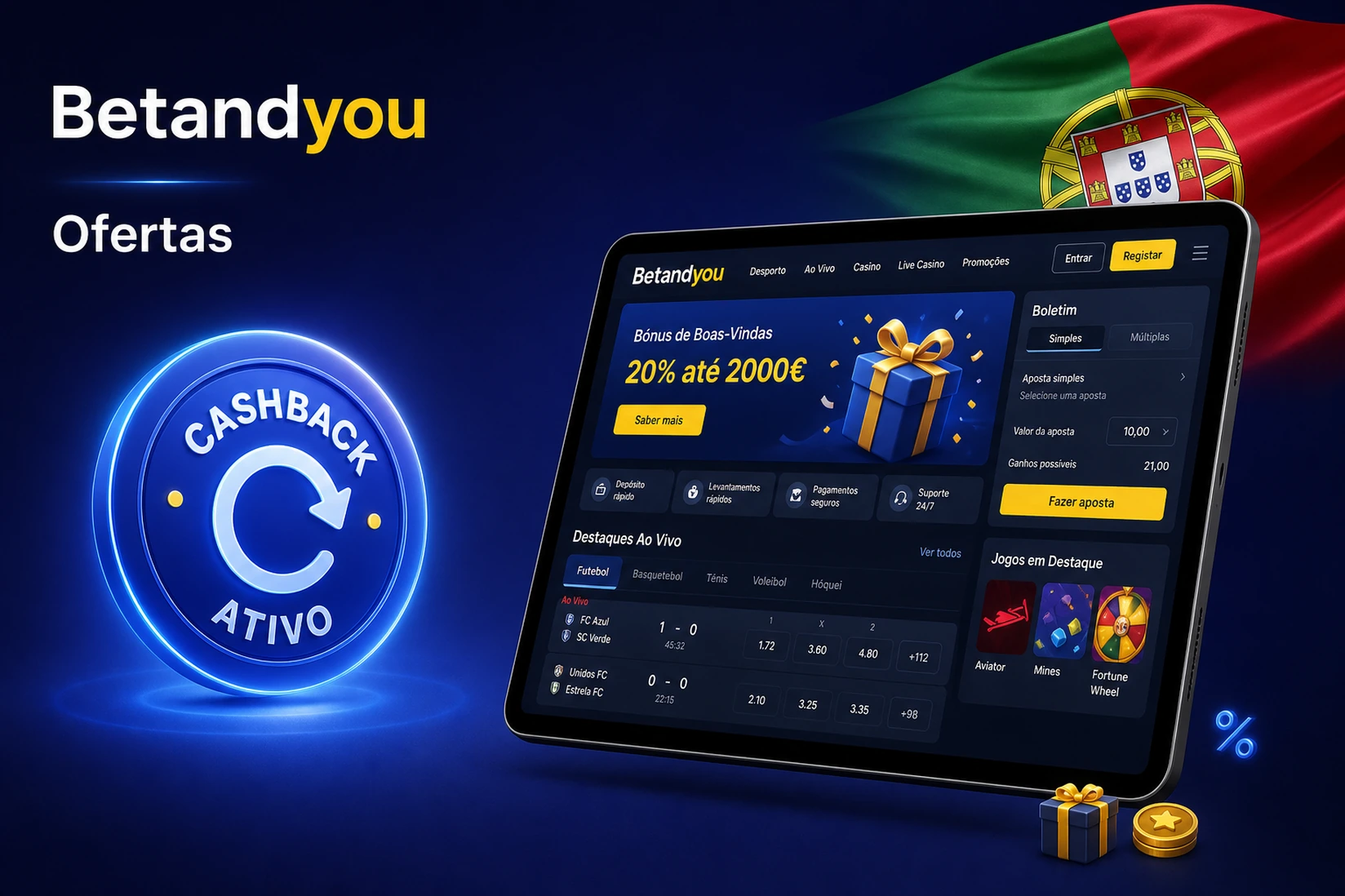 Painel de ofertas da BetAndYou com bónus de boas-vindas e cashback ativo